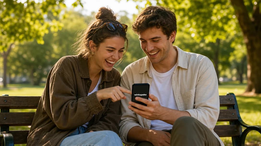 A smiling woman and man sharing a moment outdoors in warm natural light